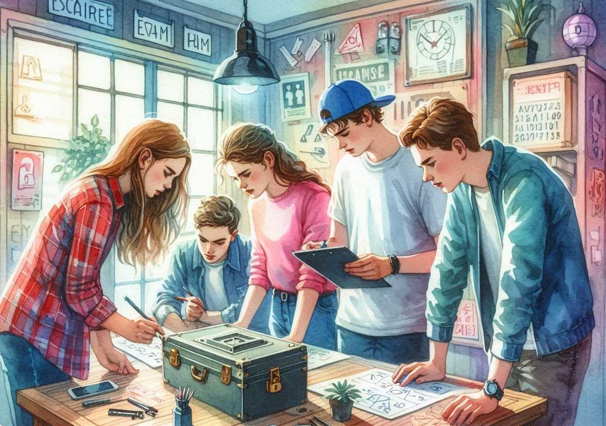 An illustration of teenagers solving puzzles in an escape room.