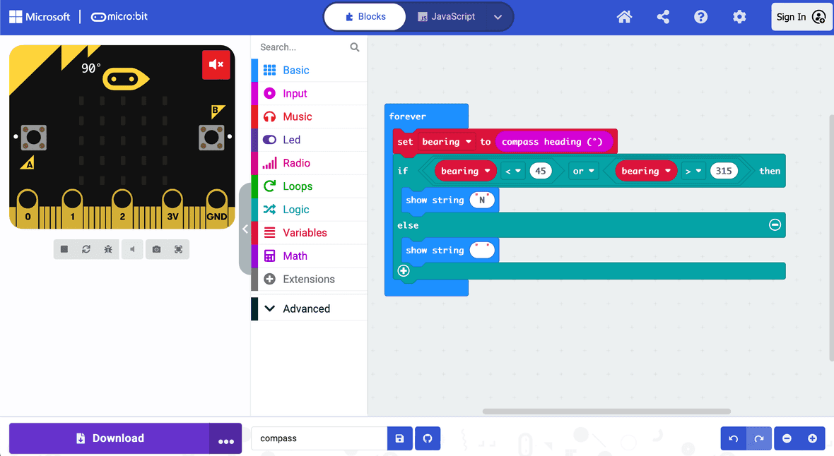 The Make Code programming interface, showing block based code.