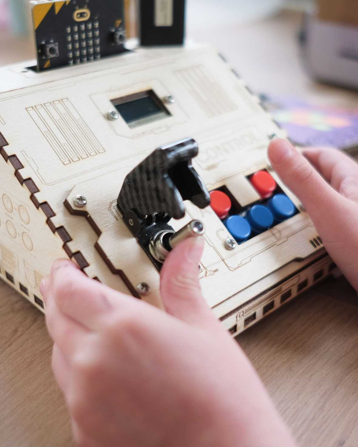 A wooden console for space ship controls, made with a laser cutter