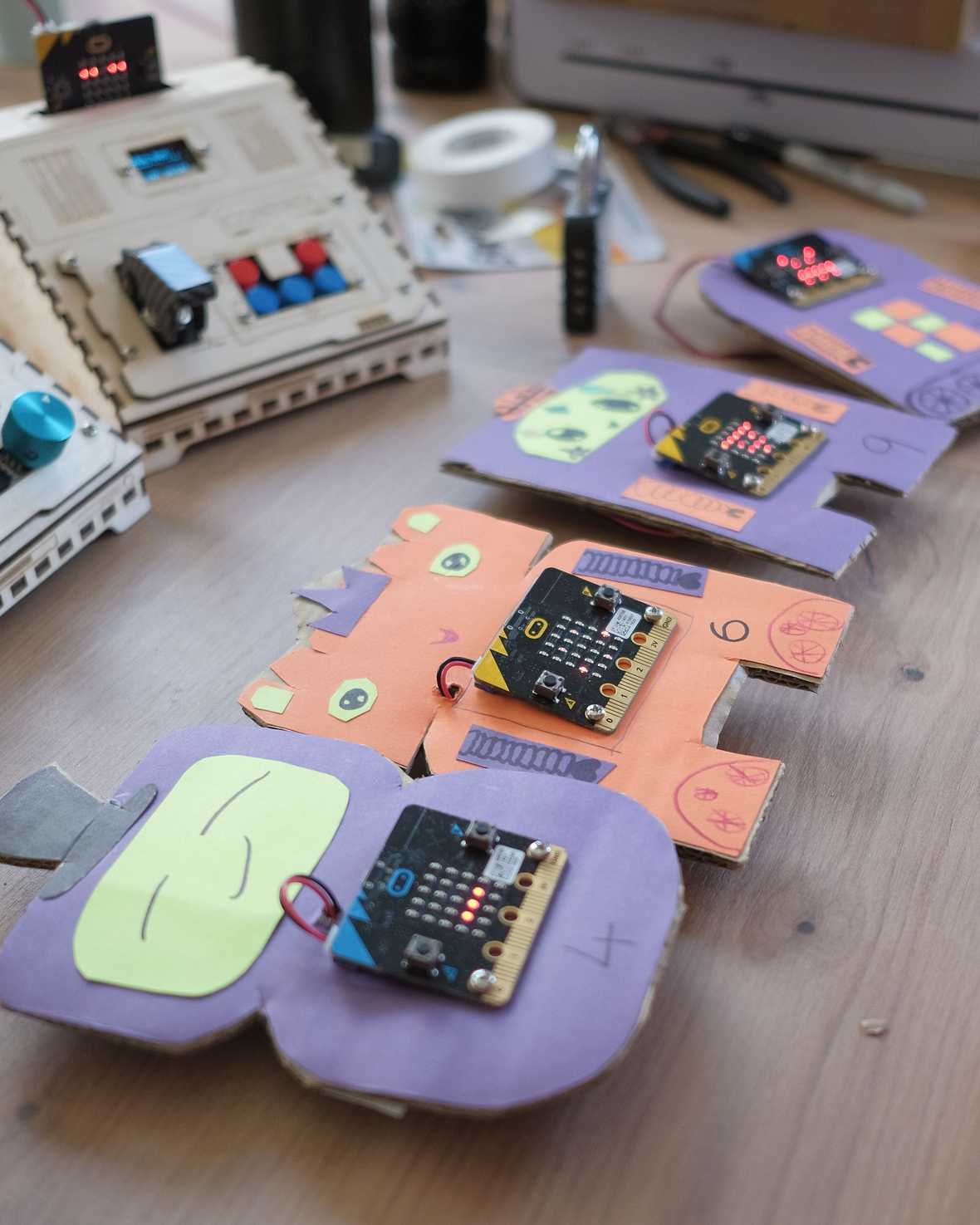 Cardboard Robots with micro:bits attached